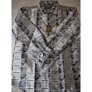 DiBanGu Men Long Sleeve Shirt Silver Paisley Button Down Silk Mix Shirt Sz L